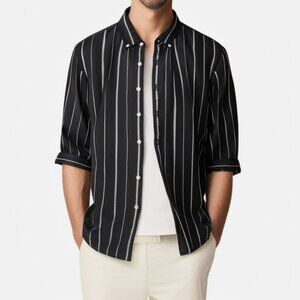 3/4 Sleeved Black Striped Cotton Linen Shirt （Brand New）